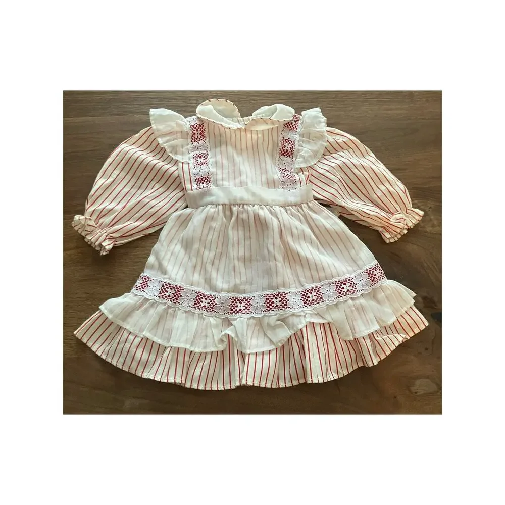 VTG Girls Dress, 3T, Red White Stripes, Ruffles, Long Sleeve‎ 80s Made in USA